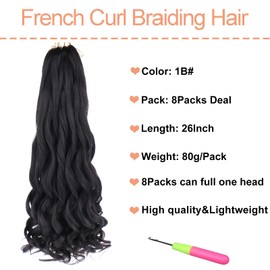 Mscat 26 Inch 8 Packs Pre Stretched French Curly Braiding Hair Loose Wave Bouncy Hair Extensions 1B#
