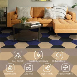 AKIVIDA Carpet Tiles Peel and Stick, 12”x 10” Non-Slip Self Adhesive Hexagon Carpet Floor Tile, 10Pcs DIY Reusable Waterproof Carpet for Gym Garage Living Bedroom