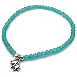 Sea Green Frosted Glass Bead Anklet with Silver Plated Elephant Charm on Elastic : Small/Medium 9.5 inches