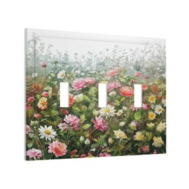 Spshian Light Switch Cover Boho Colorful Wildflowers Green Leaves Plant 3 Gang Wall Plate Triple Light Switch Plate Toggle Decorative Switch Plate Cover Electrical Faceplate for Bathroom Home Decor