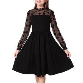 Kilottor Girl's Dress Elegant Floral Lace Long Sleeve Wedding Party A Line Dress 10-14 Years (Black, 11 Years)
