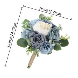 HOMENERGY Set of 2 Bridesmaid Bouquets for Wedding - 7 Inch Artificial Flowers Bouquets for Ceremony Anniversary Centerpieces Decorations - Dusty Blue and White