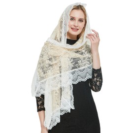 Leimandy Mantilla Veil Catholic Vintage Floral Lace Scarf Lace Chapel Veil Latin Mass S04 (Pretty-Champagne)