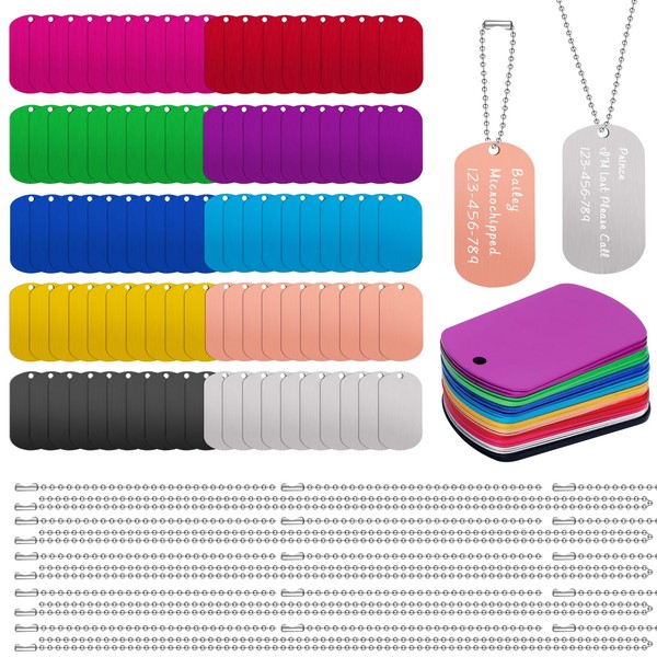 AOBOPLE 200 Pcs Military Dog Tags Set Including 100 Pcs Aluminum Blank Dog Tags 100 Pcs Ball Steel Chain Blank Tags Stamping Blanks Personalized Pets Tags for DIY Craft (Multicolor)
