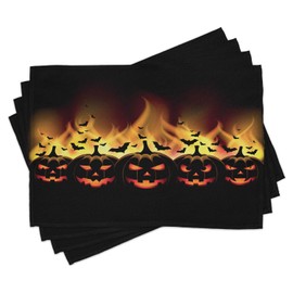 Lunarable Vintage Halloween Salvamantel Set de 4 Unidades, Jack O Linternas, Material Lavable Estampado Decoración de Mesa Cocina, Standard Size, Escarlata Negro