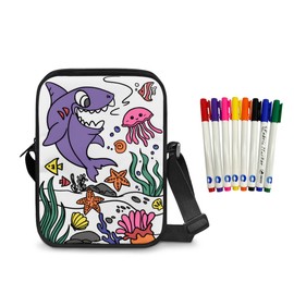 Fkwergsy Shark Coloring Crossbody Bag for Kids Boys Color Your Own Bag with 8 Pcs Markers Pens, Back to School Gifts for Kids, Coloring Kit Paint Messenger Purse Crafts for Girls 6-8 8-12