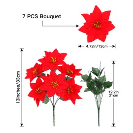 Poinsettias Artificial Christmas Flowers Decorations - 4 Pcs Artificial Red Poinsettia Flowers with Stems 7 Heads for Christmas Tree,Fake Red Poinsettia Flowers for Home Outdoor Xmas Tree Decor