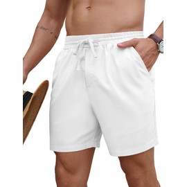PLEPAN Mens 5 Inch Linen Shorts - Casual Elastic Waist Drawstring Summer Beach Shorts with Pocket White X-Large