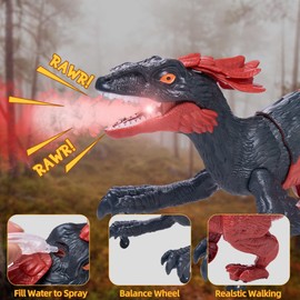 BubZeex Remote Control Dinosaur with Auto Spray&Roar, Pyroraptor Dinosaur Toys for Kids, Gifts for Boys Girls, Red