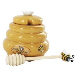 Mini Honey Pot and Dipper Bee Ceramic Wood