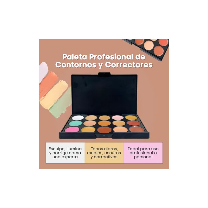 Paleta 15 Correctores Maquillaje Alta Cobertura Brocha F