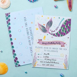 Manqianxun Rainbow Glitter Mermaid Party Supplies - Magical Mermaid Invitations for Girls Fill-in10 Pack Party Invitations Cards with Envelopes Birthday Wedding Baby Shower Pool PartyInvitation card