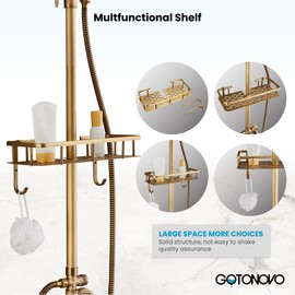 gotonovo Antique Brass Exposed Bathroom Shower Faucet with Shower Shelf 8 inch Rain Shower Head Double Cross Handle With Adjustable Handheld Sprayer Shower Shower System 2 Functions Wall Mounted
