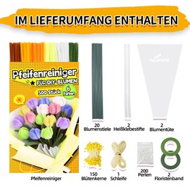 Pfeifenreiniger zum Basteln Set,500 Stück in 6 Farben Pfeifenputzer zum basteln,Pfeifenreiniger blumen Mit Blumenstöcke,Klebebandrollen,Klebestifte,Anleitungen,Staubgefäße,Lidschatten（orange）