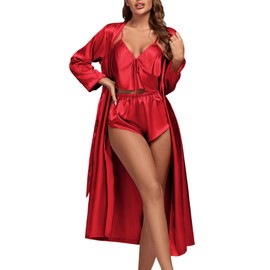 OPOIPIN Women's 3Pcs Pajamas Satin Cami Top and Shorts with Robe Sleepwear Set Red Medium