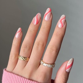 Almond Press on Nails Medium with White Pink Art Stripes Designs, Reusable Glossy Stick Full Cover On Fake False Nail, 24 Pcs French Tip Acrylic Press on Nails with Nail Glue for Women XY-33-25