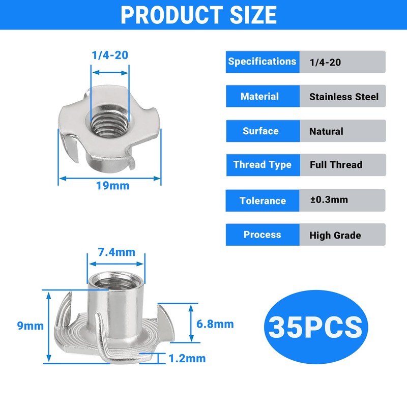 35 Pack 1/4-20 T-Nuts, 304 Stainless Steel 4-Pronged Tee Nut