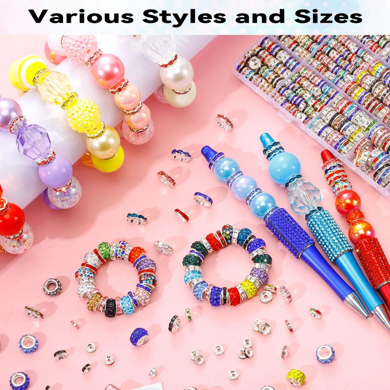 290PCS 6 Styles Rondelle Spacer Beads for Jewelry Making,6mm,8mm,10mm,11mm,12mm Rhinestone