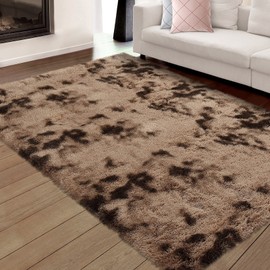 IMINROME Area Rugs for Living Room, Luxurious Soft and Thick Faux Fur Shag Tie Dye Rug Non-Slip Carpet for Bedroom, Home Decor Rug Nursery Rug Carpets, Coffee, 6' x 9'