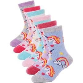 ANTSANG Kids Merino Wool Hiking Socks Toddlers Boys Girls Winter Warm Thick Thermal Crew Boot Heavy Cozy Snow Cabin Gift Snowboarding Socks 6 Pairs for Childs(Unicorn 01,8-12 Y)