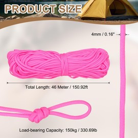 sourcing map 4mm Paracord Rope, 151ft/46m 7 Strand Heavy Duty Camping Rope Braided Polypropylene Ropes, Lightweight Tie-Downs Utility Cord for Marine, Indoor & Outdoor, Pink