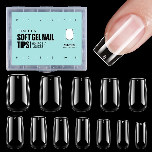 TOMICCA Short Square Nail Tips, 504Pcs Full Cover Clear False