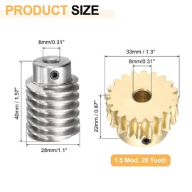 sourcing map Worm Gear Set 20T 1.5 Module 20:1 Reduction Rate, Right Rotation Drive Gear Box Wheel Reduce Transmission Part (Brass Gear-8mm Bore, #45 Steel Rod 8mm Bore)