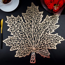 Snowkingdom Sets of 12 Fall Gold Leaf Placemats for Dining Table Pressed Vinyl Metallic Table Mats Thanksgiving Maple Leaf Place Mats Harvest Table Decor Holiday Party Wedding Accent Centerpiece