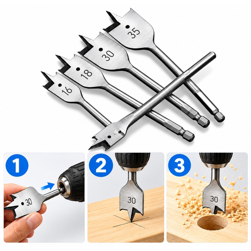 14, 16, 18, 30, 35mm Flat Wood Drill Bit, Hex