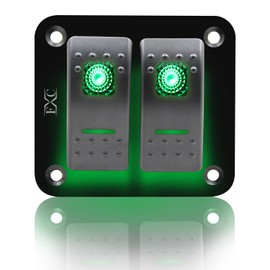 FXC Rocker Switch Aluminum Panel 2 Gang Toggle Switches Dash 5 Pin ON/Off 2 LED Backlit for Boat Car Marine Green