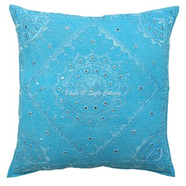 Stylo Culture Indian Decorative Large Cushion Covers 60cm x 60cm Home Decor Turquoise Embroidered Cotton Bedroom Sofa Throw Pillow Cover Mirrored 60x60 cm Pillow Case