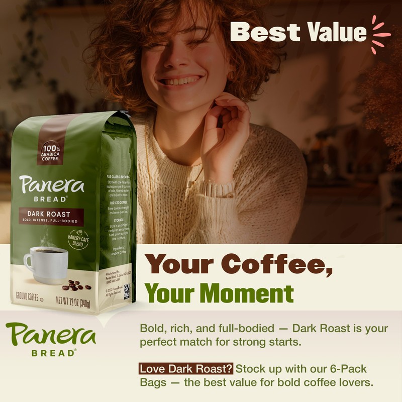 Panera Dark Roast Ground Coffee, - Bold Breakfast Brew with