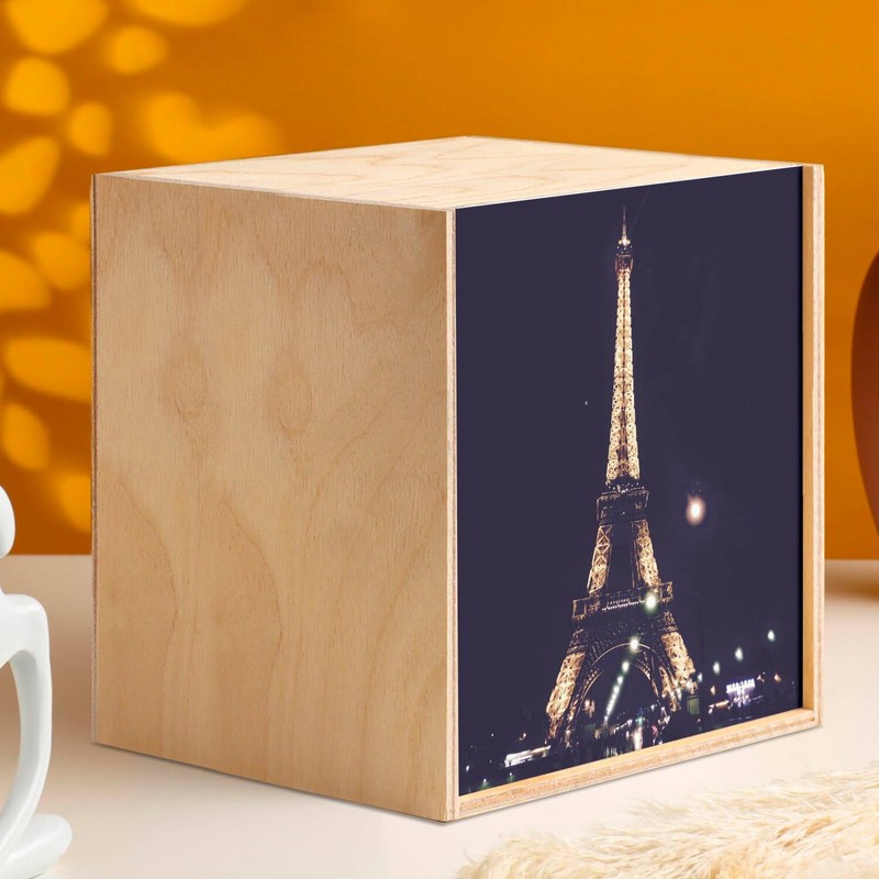 Wooden Box with Eiffel Tower Illuminated Night with View of