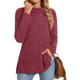 TAOHUADAO Ladies Roll Neck Long Sleeve Sweater Plain Turtle Neck Side Splits Jumpers for Women, Red M