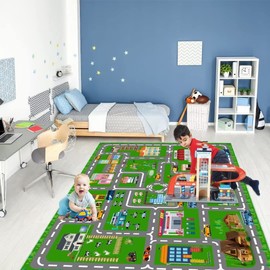 Kids City Life Rug, Great for Playing Cars Toys Learn Carpet, Have Fun Play Educational Toddler Road Traffic Bedroom Play Room Game Mat(Green,31x47 in)