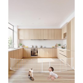 VEVOR Baby Gate, 192 Inches Extra Wide, 28 Inches High 8-Panel Foldable Dog Gate, for Child Pet Security, One-Hand Open, Install Between Two Walls or As a Fence, for Stairs and Doorways, White