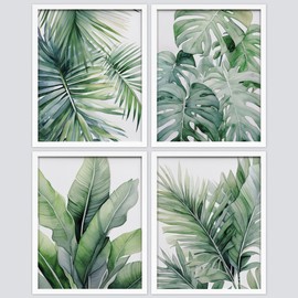 SIGNWIN Framed Poster Tropical Jungle Plants Green Leaves Print Nature Illustration Decorative Country/Farmhouse Rustic Cozy Zen for Living Room, Bedroom, Office - 11"x14"x4 White