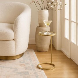 TEHOME Gold Glass Drink Table Metal Martini Round Small Drink Side Table for Couch Tempered Glass C Shaped End Table for Sofa 10" diam,24.55" h