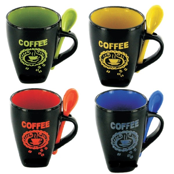 Rockin Gear Mug and Spoon Set of 4 - Ceramic Coffee Cups Black Matte w Hot Coffee Design and Colorful Interior 11 Ounce Coffee Mug and Tea Cup with Spoon Combo