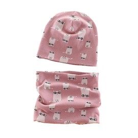 FUYAO Baby Kids Cotton Hat and Tube Scarf Set Children Toddler Spring Autumn Winter Warm Beanie Cap Scarves for Boys and Girls (Cat Pink, 6-24 Months)