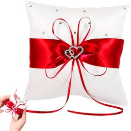 Qanye 1 x Elegant Satin Cushion, 20 x 20 cm Ring Cushion Wedding, Vintage Square Ring Cushion, with Glittering Double Heart and Satin Ribbon, Ideal for Registry Office and Church (Red)