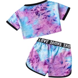 Girls Tie Dye Outfits Kids Sweatsuits Workout Top & Bottom Sets Teen Girls' Activewear Sport Casual Running Short Clothes with Pockets, Purple Multicolor, 13-14 Years = Tag 170