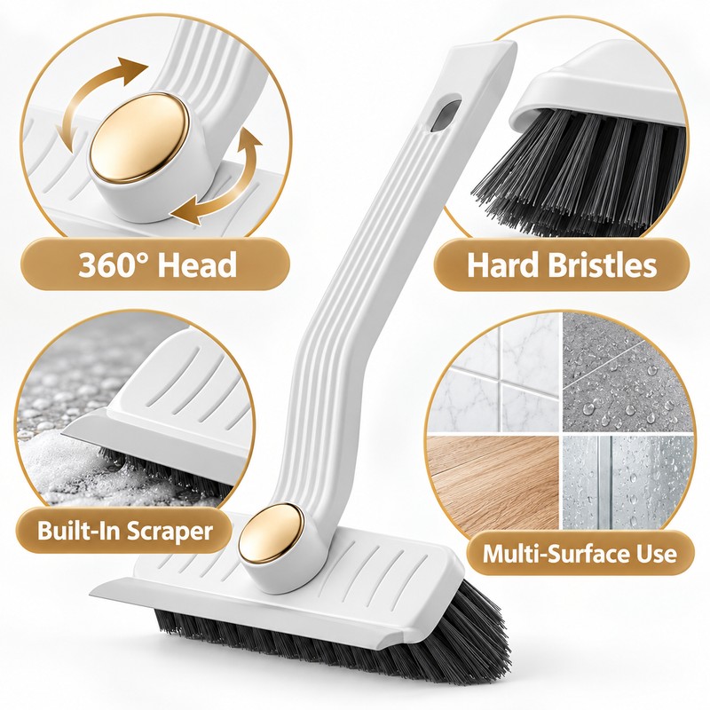 360° Rotating Grout Cleaning Brush with Scraper – Hard Bristle