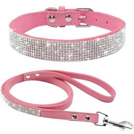 Avenpets Full Rhinestone Dog Collar Leash Set Soft Suede Collar Leash Set with Full Crystal Diamond Adjustable Dazzling Sparkling Collar Set for Pet Dogs Cats, Pink, XXS:6-8.3"(15-21cm) Neck