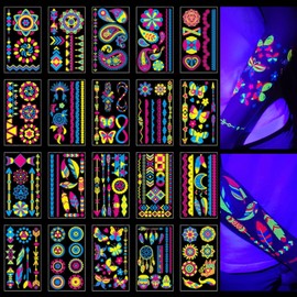 20 Sheet brillan en la oscuridad tatuajes temporales 160+Styles Aldult Fluorescencia UV Neón Cuerpo Cara Falso Impermeable Tatuaje Pegatinas para Mujeres Hombres,Rave Festival Accesorio Fiesta Suministros (Multicolor)