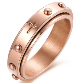 Adreamz 6mm Rose Gold Rosary Cross Ring for Men Women Spinner Anxiety Fidget Lord's Prayer Stainless Steel Ring Prayer Cross Wedding Band Polished Finish Comfort Fit 6