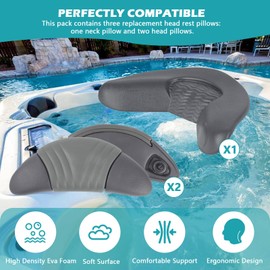 IWIWE Replacement Head Rest Pillows Fit for Artesian Island Spas Hot Tubs and Tidal Fit Swim Spa (Dark Grey-3 Pack-Includes One Neck Pillow and Two Head Pillows 26-1303-85)