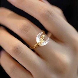 Yienate White Crystal Moon Ring Gold Twist Open Ring Vintage Gemstone Horn Finger Band Romantic Crescent Moon Band Ring for Women and Girls