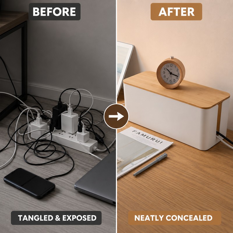 XL Cable Management Box with Wooden Lid, Large Power Strip