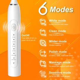 IYGLKD Electric Toothbrush, Rechargeable Power Toothbrush with 6 Modes, Lightweight Sonic Toothbrush for Adults Kid Beginners, 4 Replaceable Toothbrush Heads, IPX7, Intelligent 2 Minute Timer, White